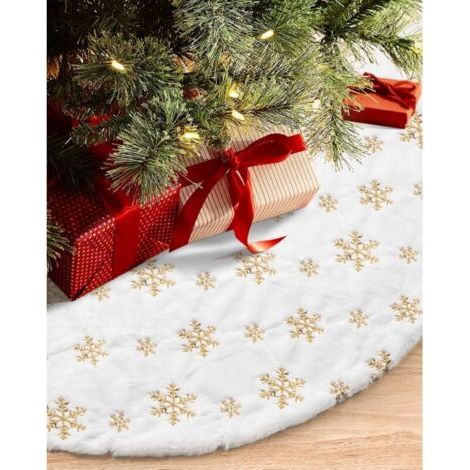 Falda para árbol de Navidad de 120 cm (48 pulgadas) para decoración de fiestas navideñas, color blanco, felpa, lentejuelas doradas y copos de nieve. (1/4)