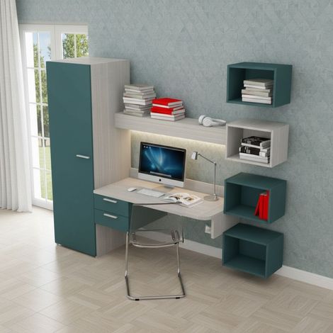 Scrivania sospesa design con mensola luminosa, pensili e armadio - Rovere rock (1/5)