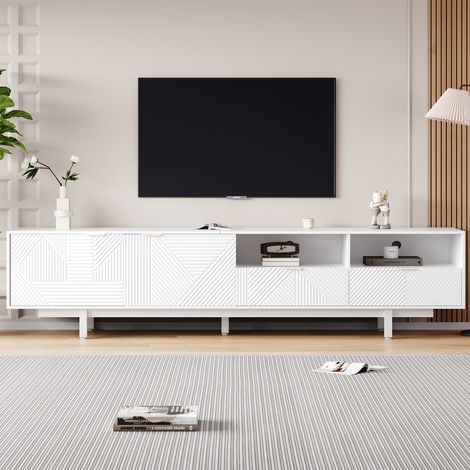 Armoire TV bohème 200 x 40 x 51cm lignes discrètes blanches et horizontales. Espace de rangement adapté aux téléviseurs jusqu'à 90