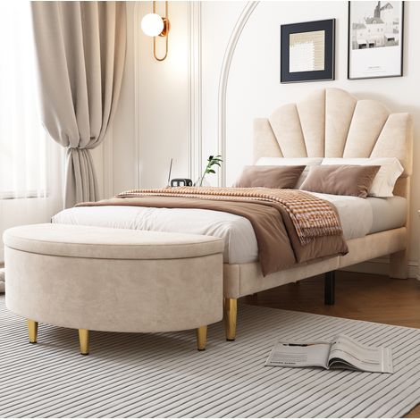 Cama tapizada elegante 90x200 cm de terciopelo beige, cabecero concha regulable, somier de láminas, patas doradas (1/5)