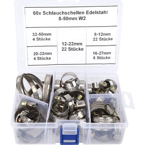 Lot de 60 colliers de serrage à ressort de type allemand pour tuyaux, dimensions : 8-12 mm / 12-22 mm / 16-27 mm / 20-32 mm / 32-50 mm