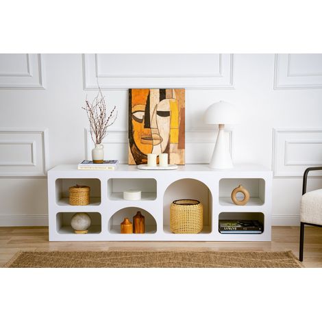 Cotecosy – Meuble TV blanc avec 7 niches – Panneau de particule mélaminé – Longueur 160 cm – Hauteur 51 cm – Profondeur 40 cm (1/10)