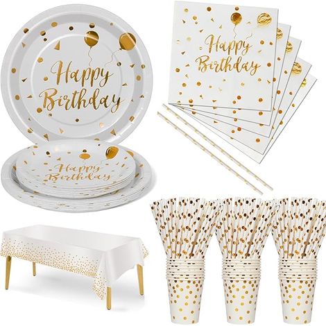 Anniversaire Party Vaisselle, Blanc Or Kit Vaisselles Papier Assiette Tasse Serviette, Fête Anniversaire Décoration -24 invités (1/5)