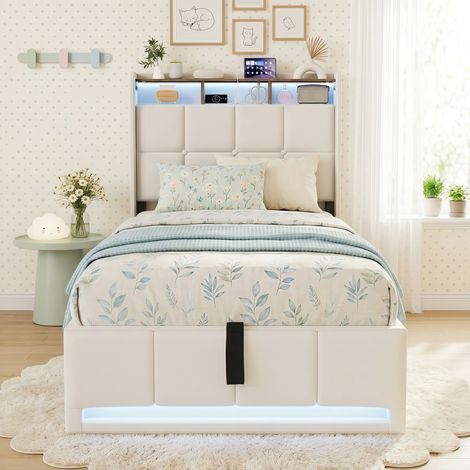 Cama Individual 90x200 cm con Arcón Hidráulico de Almacenaje, Tela de Lino, Cama Tapizada con LED Integrado y Cargador USB/Tipo C, Somier Incluido - Beige
