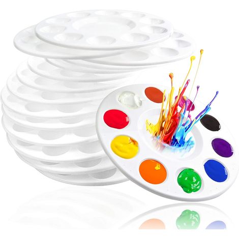 15 palettes de mélange, plastique blanc, 10 godets + 1 réservoir central, porte-pinceaux intégré, pour peinture à l'huile, acrylique et aquarelle (1/5)