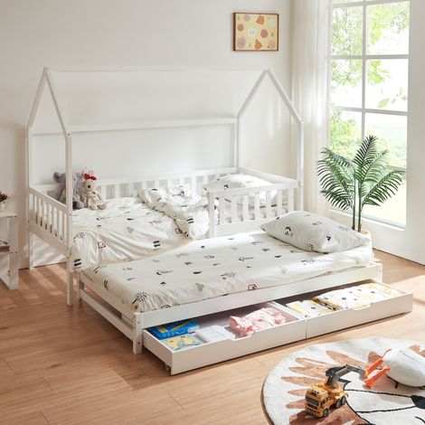 Letto a Casetta per Cameretta Aarghonmaa in Legno di Pino con Letto Estraibile e 2 Cassetti 90x200 cm - Bianco [en.casa]