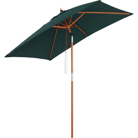 Parasol de terrasse rectangulaire 200 x 150 cm avec mât en bois à angle réglable et manivelle, vert, idéal pour patio et terrasse.