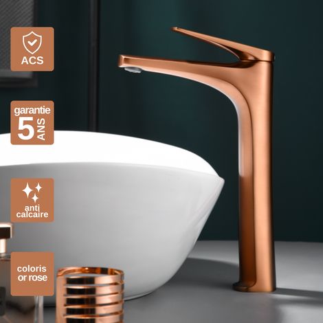Robinet Mitigeur Lavabo Salle de Bain or rose cuivré – Bec Haut Anti-Calcaire – Design Moderne - DELOS IMEX (1/5)