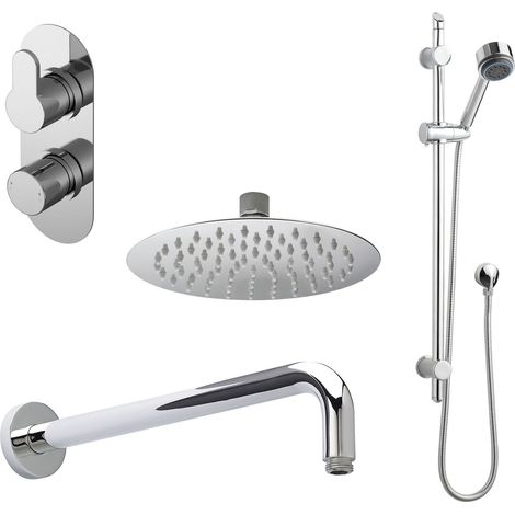 Balterley Pride Modern Round 2 Outlet Shower Valve, Head, Wall Arm and Slide Rail Handset Bundle - Chrome