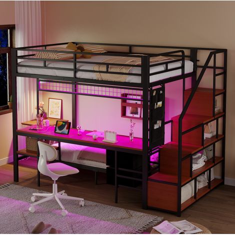 Letto a soppalco 247x144.5x170 cm nero in metallo e MDF con scrivania LED e prese (1/5)