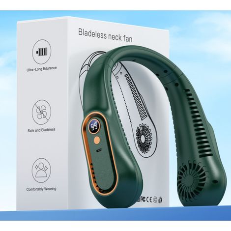 Ventilateur de cou portable sans pales - 5 vitesses - avec affichage numérique - vert (1/3)