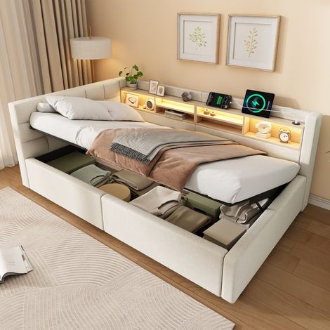 Lit banquette coffre 90x200 cm,ouverture hydraulique,LED multicolore dimmable,étagères,port USB,tête réversible,beige (1/5)