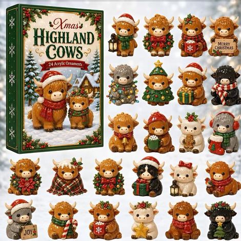 Highland Cow Advent Calendar - Countryside Christmas Harvest Theme Highland Cow Blind Box Calendar - Type C - 3D