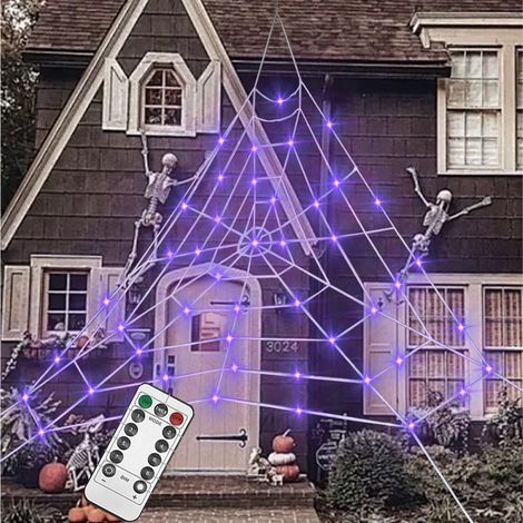 Toile d’araignée LED Halloween 5 x 5 m – 125 lumières LED violettes – 8 modes d’éclairage – Décoration pour fête et extérieur (1/5)