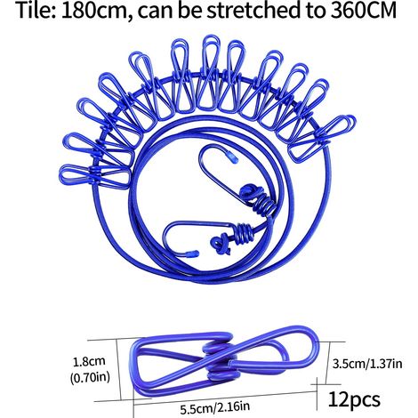 Stendibiancheria da campeggio, stendibiancheria da viaggio da 174 cm con clip, stendibiancheria portatile estensibile, accessorio da campeggio per vacanze all'aperto, con 12 mollette (1/4)