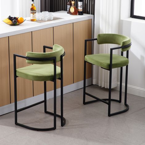 Wahson Lot de 2 tabourets de bar en velours vert avec accoudoirs et dossier – Pied en métal – Hauteur 91 cm – Confort optimal pour cuisine et bar, Vert (1/5)