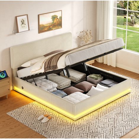 REDOM - Letto con contenitore 160x200 cm con LED, USB C, testiera regolabile, contenitore, velluto a coste beige (materasso non incluso) (1/5)