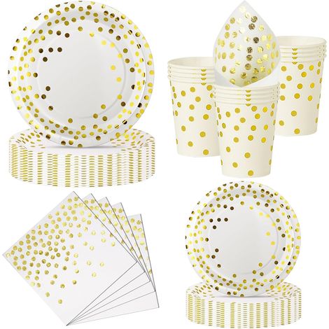 Set 50 Pièces Vaisselle Jetable, Assiettes 23cm et 18cm, Gobelets Robustes, Serviettes, Blanc Or, Mariage Anniversaire