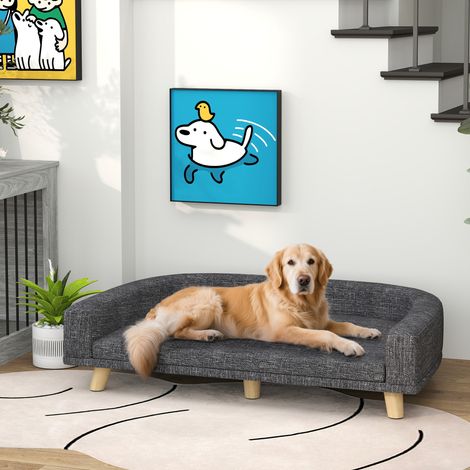 Grand canapé 30 kg 98x67x25cm gris pour chien, lit surélevé avec coussin lavable et pieds en bois, charge, foncé (1/4)