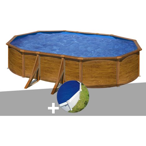 Kit piscine acier aspect bois Gré Pacific ovale 6,34 x 3,99 x 1,22 m + Bâche à bulles