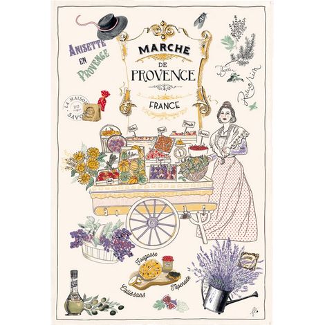 Torchon de Cuisine Essuie-Vaisselle 100% Coton Les Marchés de Provence Écru 48 x 72 cm - PANGIVO