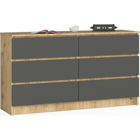 Kommode AKORD K140 Eiche Artisan 138 cm 6 Schubladen Front Graphitgrau B138 x H77 x T40 cm (1/4)