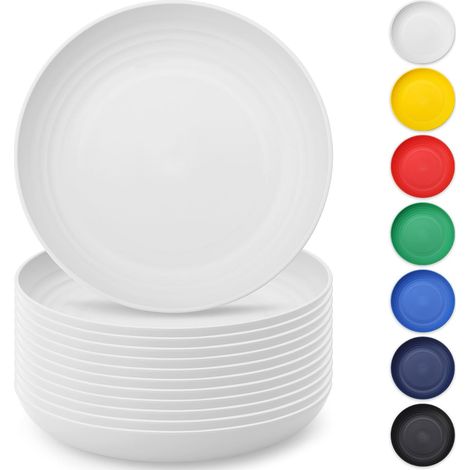 Blanc Assiettes en plastique de 12 pièces 23cm réutilisables et robustes incassables bols de pâtes, vaisselle pour la maison, enfant, facile à transporter pour pique-, camping (1/5)