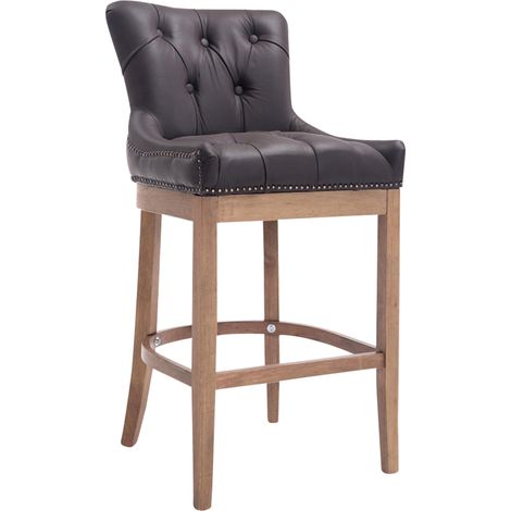 Tabouret de bar x1 en cuir véritable marron avec dossier capitonné et piètement en bois d’hévéa 100005058 (1/4)