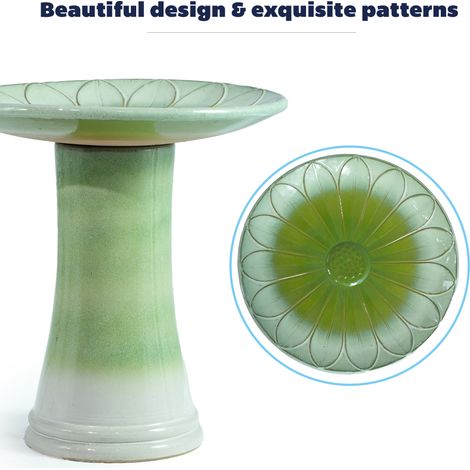 Baignoire pour oiseaux en céramique faite main, vert clair dégradé émail brillant, motif fleurs en relief, résistante au gel et aux intempéries, diamètre 43 cm hauteur 45 cm, jardin, terrasse et balco (1/5)