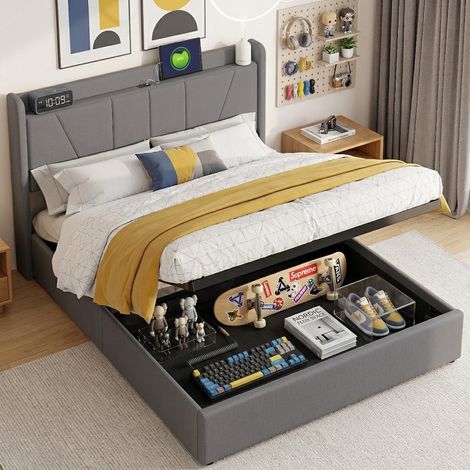 Lit coffre 160x200 cm avec 2 ports USB et 1 port Type-C, Lit rembourré avec fonction de levage hydraulique, espace de rangement, tissu lin, pour adultes et adolescents, Gris (1/5)