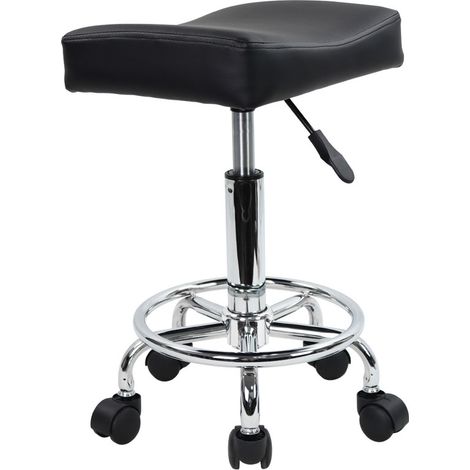 Tabouret roulant carré en cuir PU réglable en hauteur pivotant 360° – Chaise de travail avec roues – Pour salon, bureau, café – Noir – Kktoner (1/5)