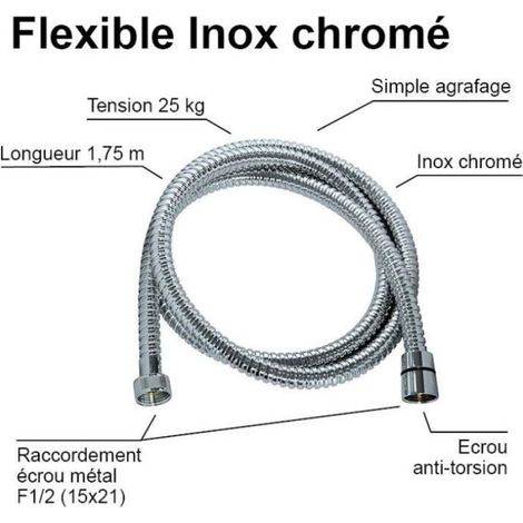 Flexible De Douche - Inox Chromé - 1 75 M - Raccord Universel - Écrou Anti-Torsion - 1 Pièce (1/4)