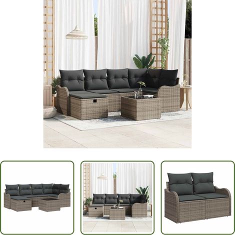 vidaXL Canapé poly rotin - Ensemble de canapé de jardin avec coussin 7 pcs Gris Poly rotin (1/5)