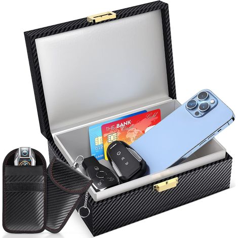 Etui Anti-RFID - Boîte de Blocage Signal Clé Voiture - Protection Sécurité Télécommande Automobile - Dimensions 18,2 x 13,2 x 7 cm - Lot de 1 Boîte + 2 Pochettes