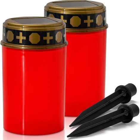 Lampes solaires à LED en deux parties pour tombes, bougies rouges étanches pour cimetières extérieurs avec capteur de lumière, fixées à l'aide de piquets stables, 6,5 cm × 11,5 cm (1/5)