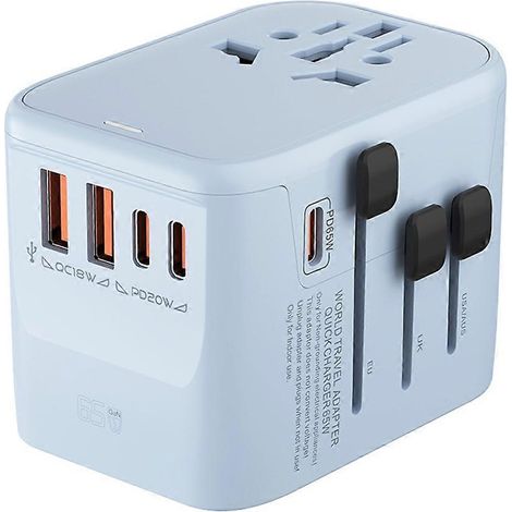 GaN65W Internationaler Reiseadapter mit 2 USB-Anschlüssen und 3 USB Typ-C-Anschlüssen, GaN-Schnellladefunktion, EU-, AU- und US-Stecker (Blau). (1/5)