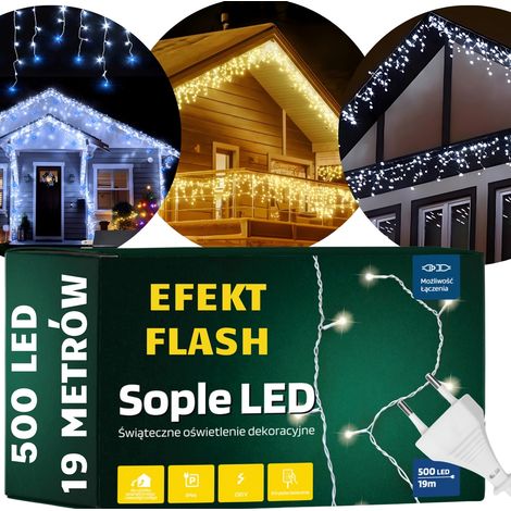 Luci natalizie da esterno a forma di ghiacciolo con 500 LED e effetto lampeggiante. Luci natalizie da esterno a forma di ghiacciolo con 500 LED, luce bianca fredda + lampeggiante.