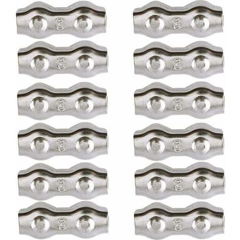 Kabelklemmen, 3-mm-Stahlkabelklemmen, 12 Stück, Doppelkabelklemmen, Kabelclips aus Edelstahl 304, Kabelgriffe für 2-mm-Metallkabel, Wäscheleinenkabelclips