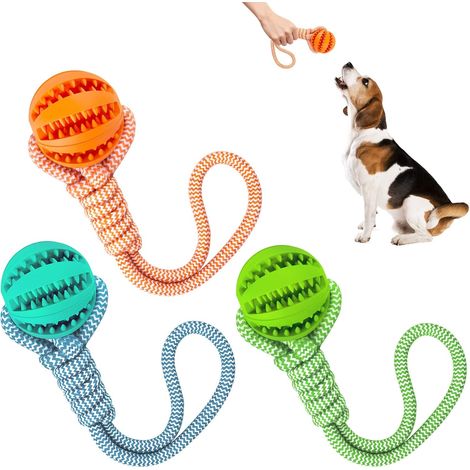 Lot de balles pour chiens avec ficelle, balles à lancer avec ficelle, balles à friandises en caoutchouc naturel pour chiens de toutes tailles (6,5 cm, bleu, vert, orange) (1/5)