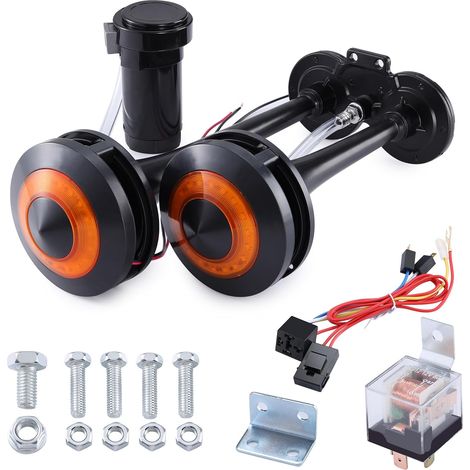 Klaxon Camion 12 V avec Lumière 150DB Loud Train Horn Double Tube Zinc Horn Klaxon voiture avec Compressor pour Vehicles Motorcycle Cars Boats (Noir) (1/5)