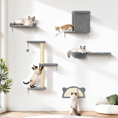 Étagères Murales pour Chat 5 en 1, Arbre à Chat Mural avec Hamac, Niches, Griffoirs en Sisal et Plateformes, Parcours Mural d'escalade en Bois Multicouche, Gris Clair (1/5)