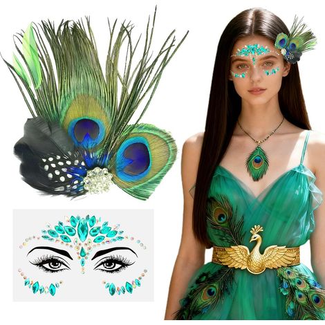 Pfauenkostüm für Damen – Pfauenfedern, Haarschmuck + Strasssteine, Pfauenmaske im Stil der 1920er-Jahre – Accessoires für Karneval, Halloween, Mottopartys und Cosplay (1/5)