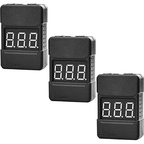 3er-Pack 2-in-1-Batteriespannungstester, RC-Niederspannungsalarm mit Summer für 1S-8S LiPo/Blix Li-Ion/LiMn/LiFe-Akkus (BX100, Schwarz) (1/5)