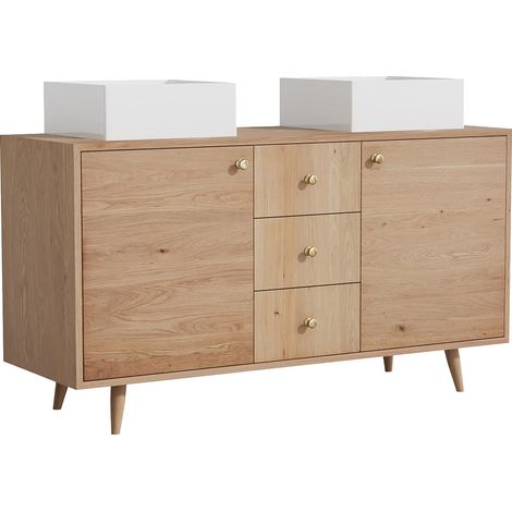 Mobile bagno in rovere massello con lavabo da appoggio quadrato Naturale chiaro 145 cm - ZARENO (1/5)