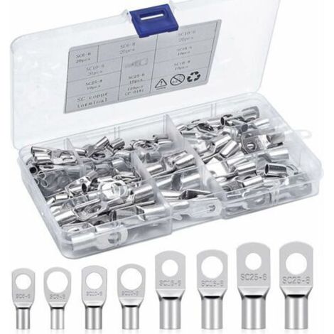 Cosse à Sertir Kits Cosses Electriques 6mm² 10mm² 16mm² 25mm² Cosses de Câble à Anneau Bornes en Cuivre Etamé Connecteurs SC pour Batterie Voitures, Automobile, Motos（120Pcs）