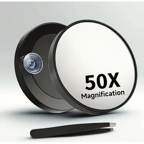 Miroir de maquillage grossissant portatif à ventouse 50X noir avec pince à épiler, miroir de maquillage auxiliaire portable haute définition (1/5)