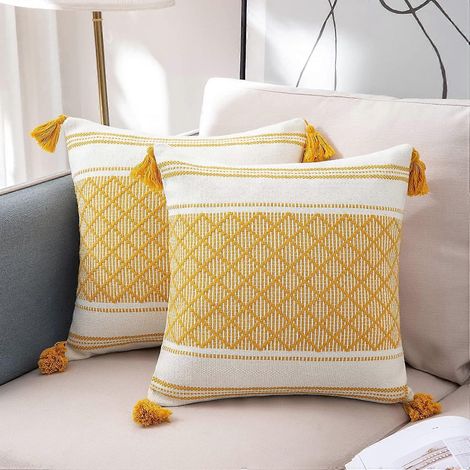 Ensemble de 245 x 45 cm, housse de coussin carrée moderne bohème jaune et blanche tissée jacquard, housse de coussin décorative pour salon, canapé ou chambre. (1/5)