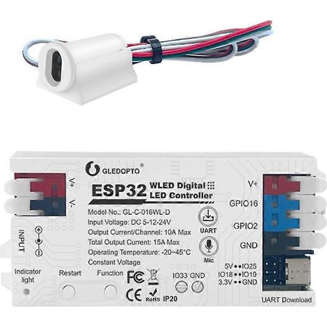 Contrôleur de LED GLEDOPTO ESP32 WLED avec microphone intégré, broche DIY, capteur de lumière dynamique et interrupteur infrarouge WS2811 WS2812 WS2815 (1/5)