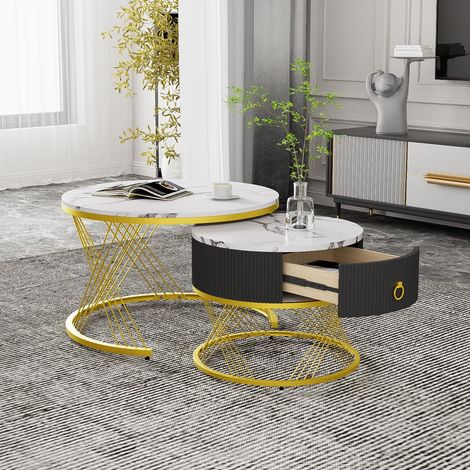 Couchtisch 2er set - Verschachtelbarer beistelltisch mit schublade marmor-optik weiß gold - Wohnzimmertisch moderner stil - MDF metall - Groß 70x70x45cm Klein 50x50x40cm (1/5)