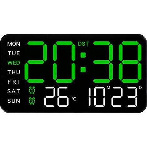 Horloge murale numérique sans cadre, multifonctionnelle, à suspendre ou à poser, affichage LED, style nordique, coque noire et lumière verte (1/5)